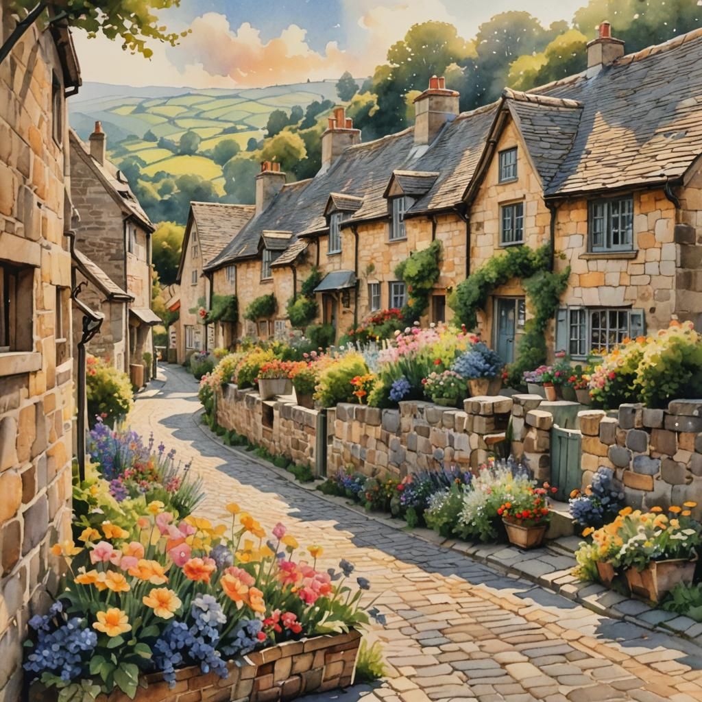 Charming English Village Street in Watercolor