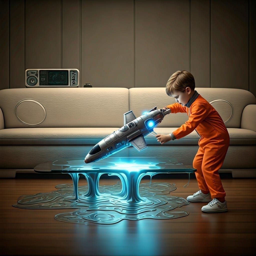 Child's Futuristic Mishap in Cyberpunk-Inspired Home