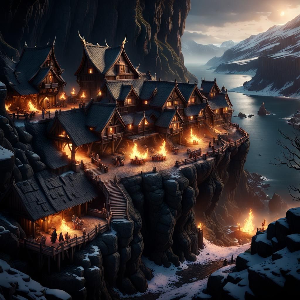 Dragon Lair Defended, Viking Village, Dark Fantasy Art