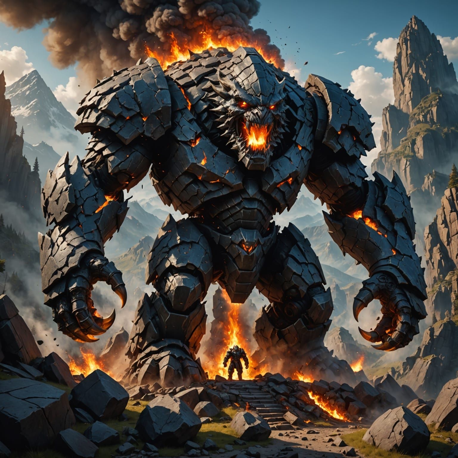 Gargantuan Stone Golem with Fiery Maw Shatters a Mountain in...
