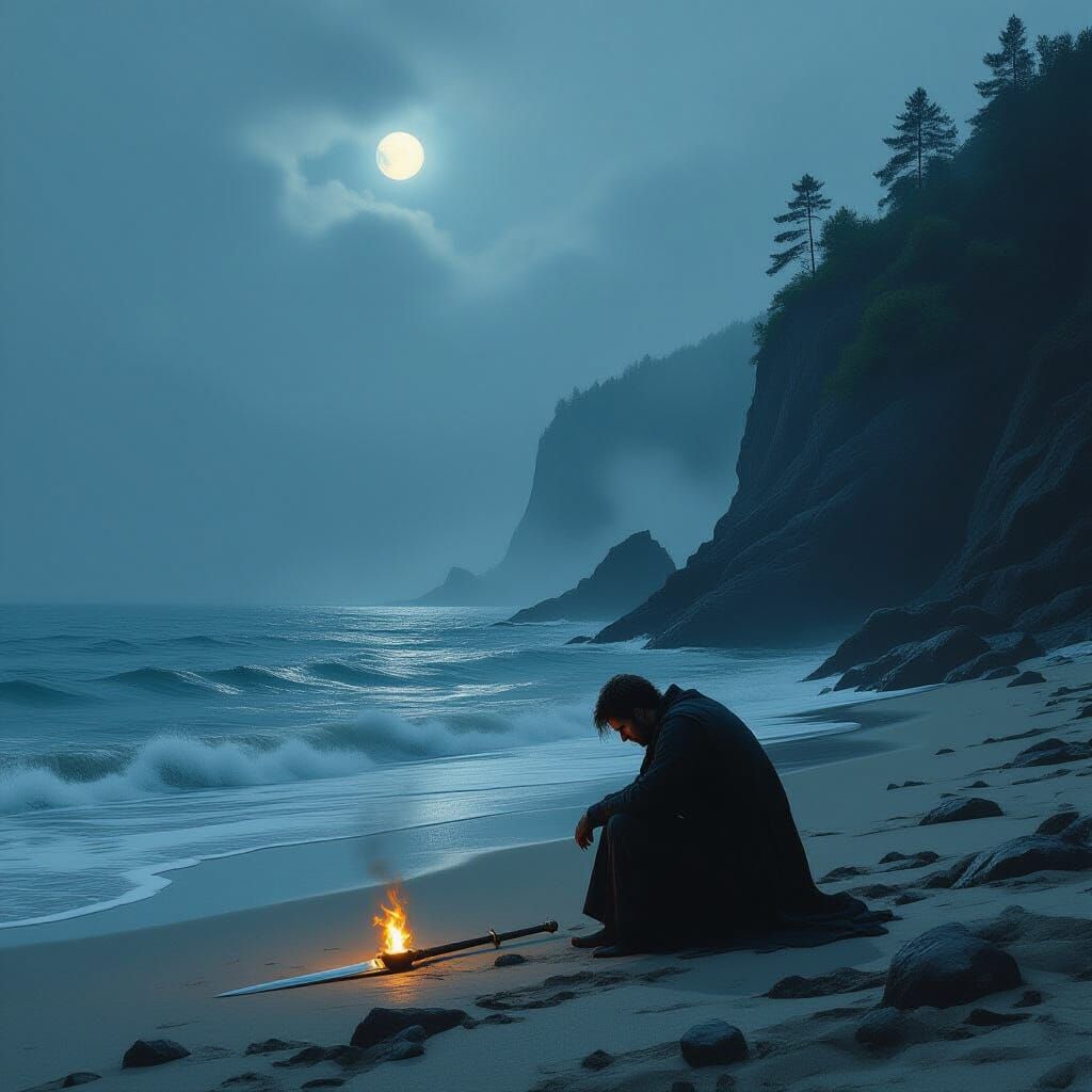 Man Cries on Foggy Shore in Dramatic Digital Painting