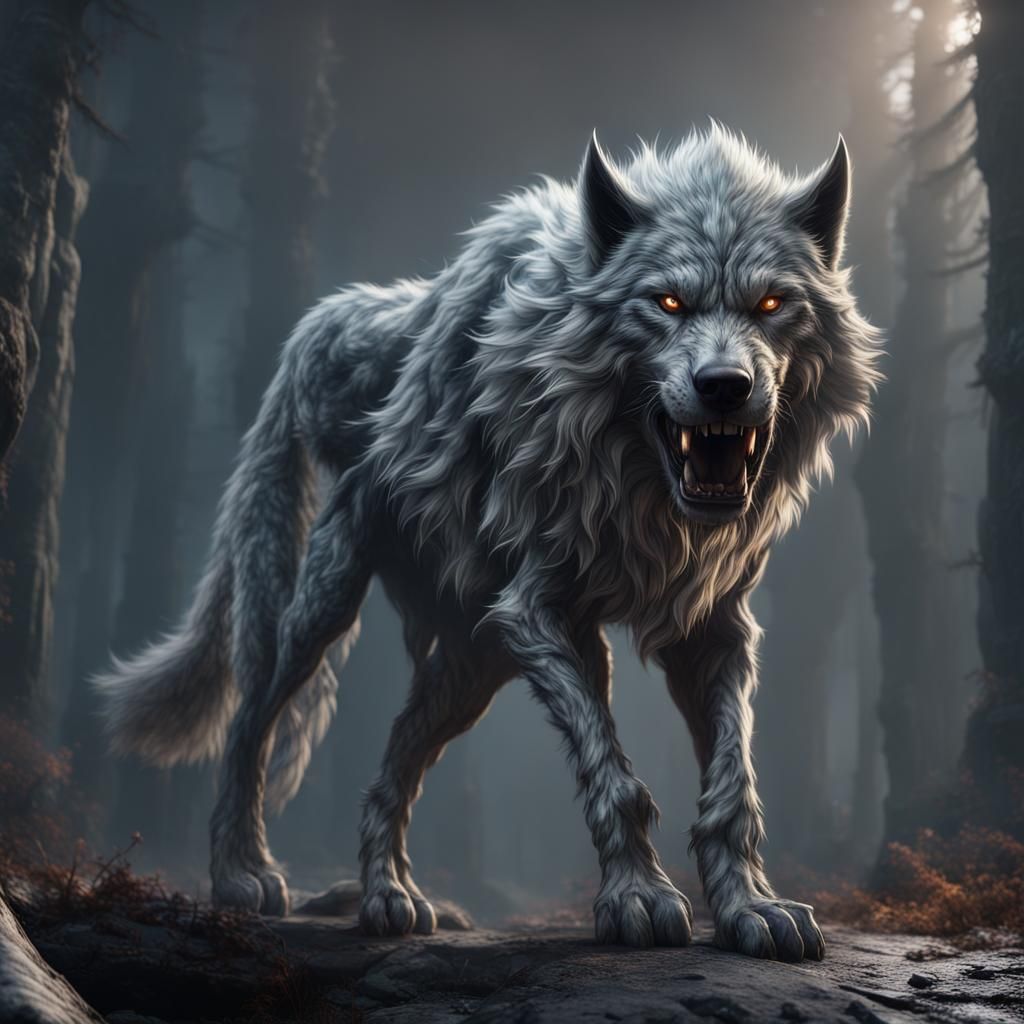 Dire Wolf with Misty Fur: Detailed Matte Painting