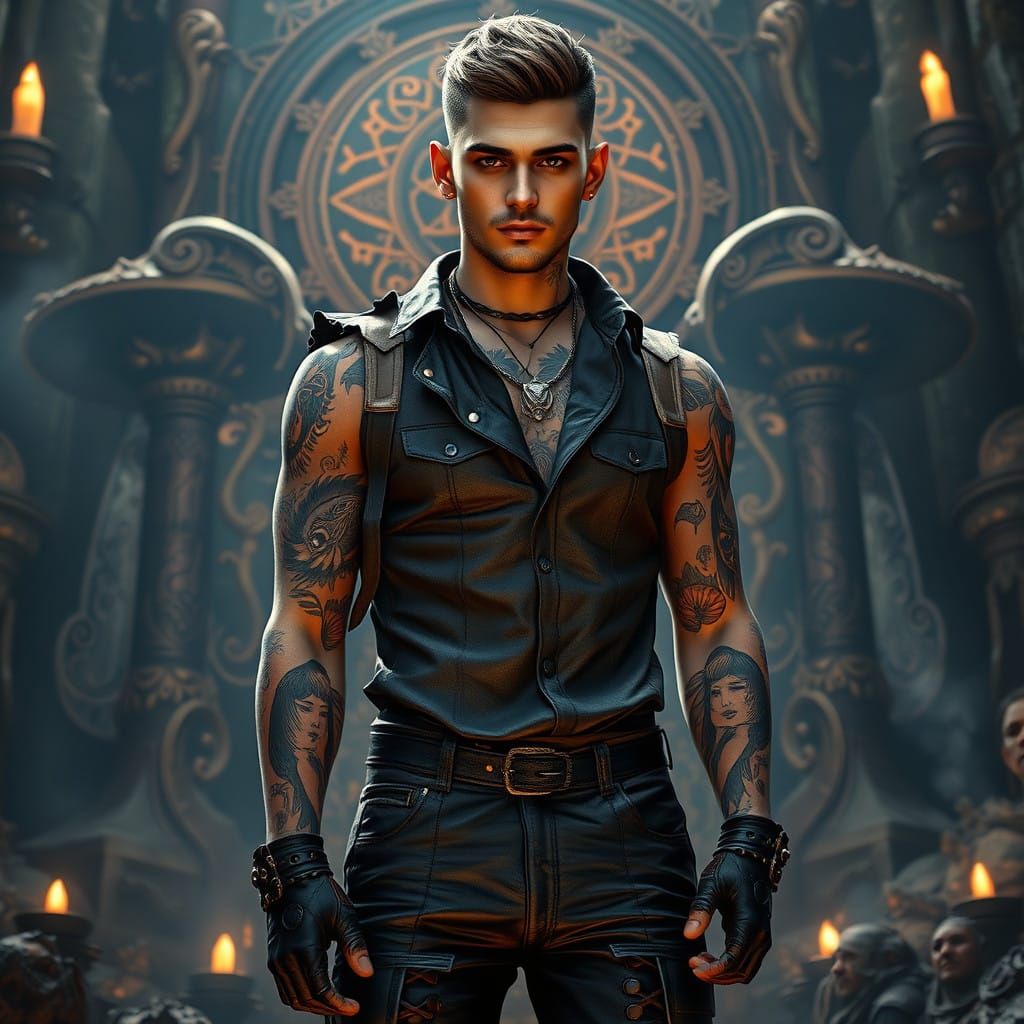 Elegant Nonbinary Male Amidst Mystic Druid Altar