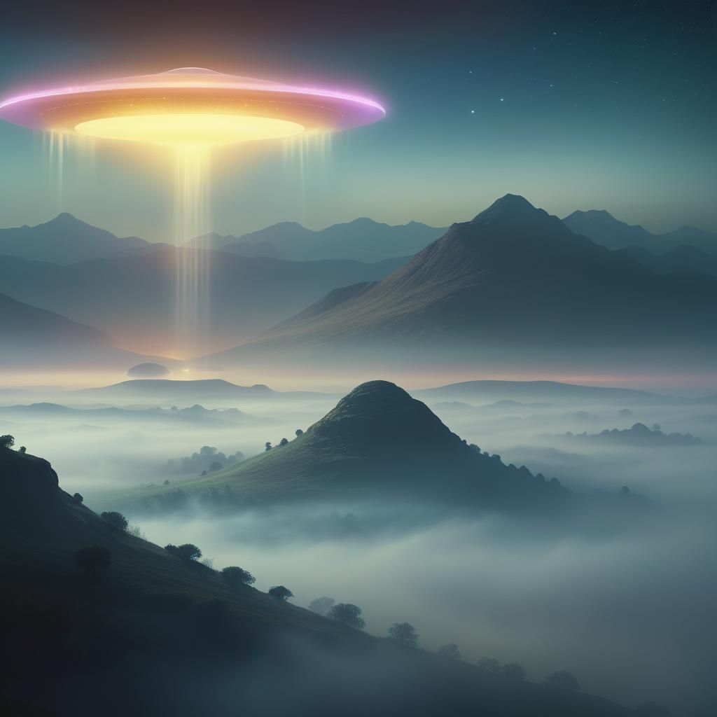 Ethereal UFO in Dreamlike Landscape: Digital Art