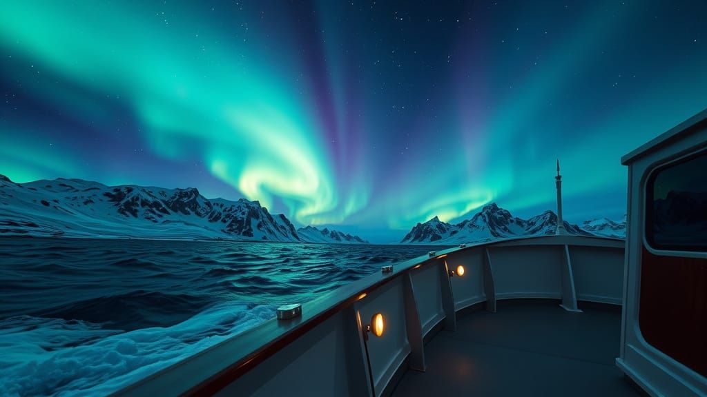 Northern Lights Over Arctic Sea from Fishing Boat