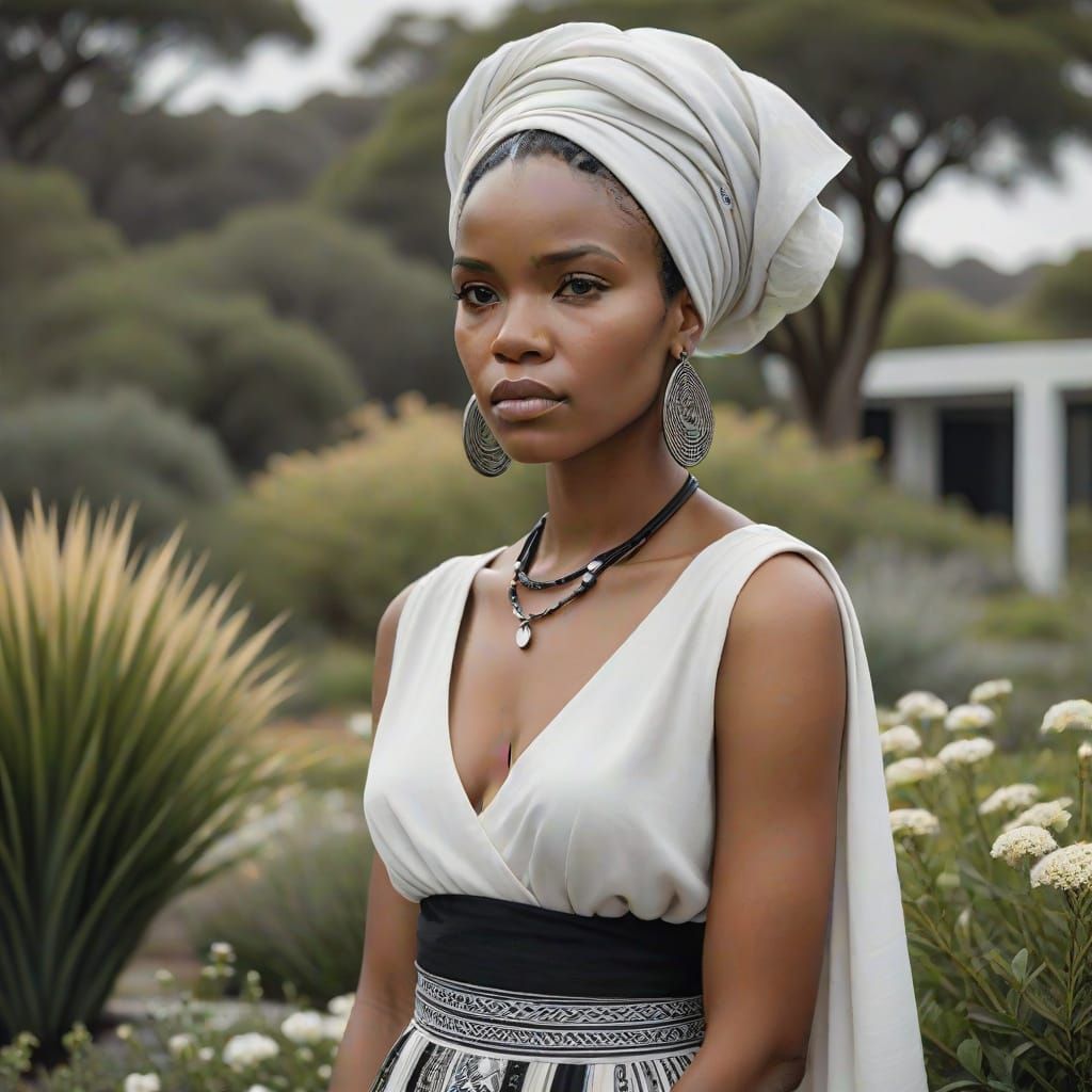 Xhosa Woman Contemplates in Modern Garden