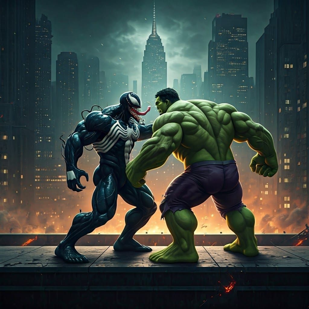 Venom and Hulk Clash on Dystopian Rooftop
