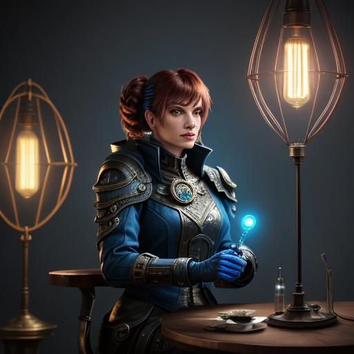 Steampunk Lamp with Blue Filaments on Victorian Table