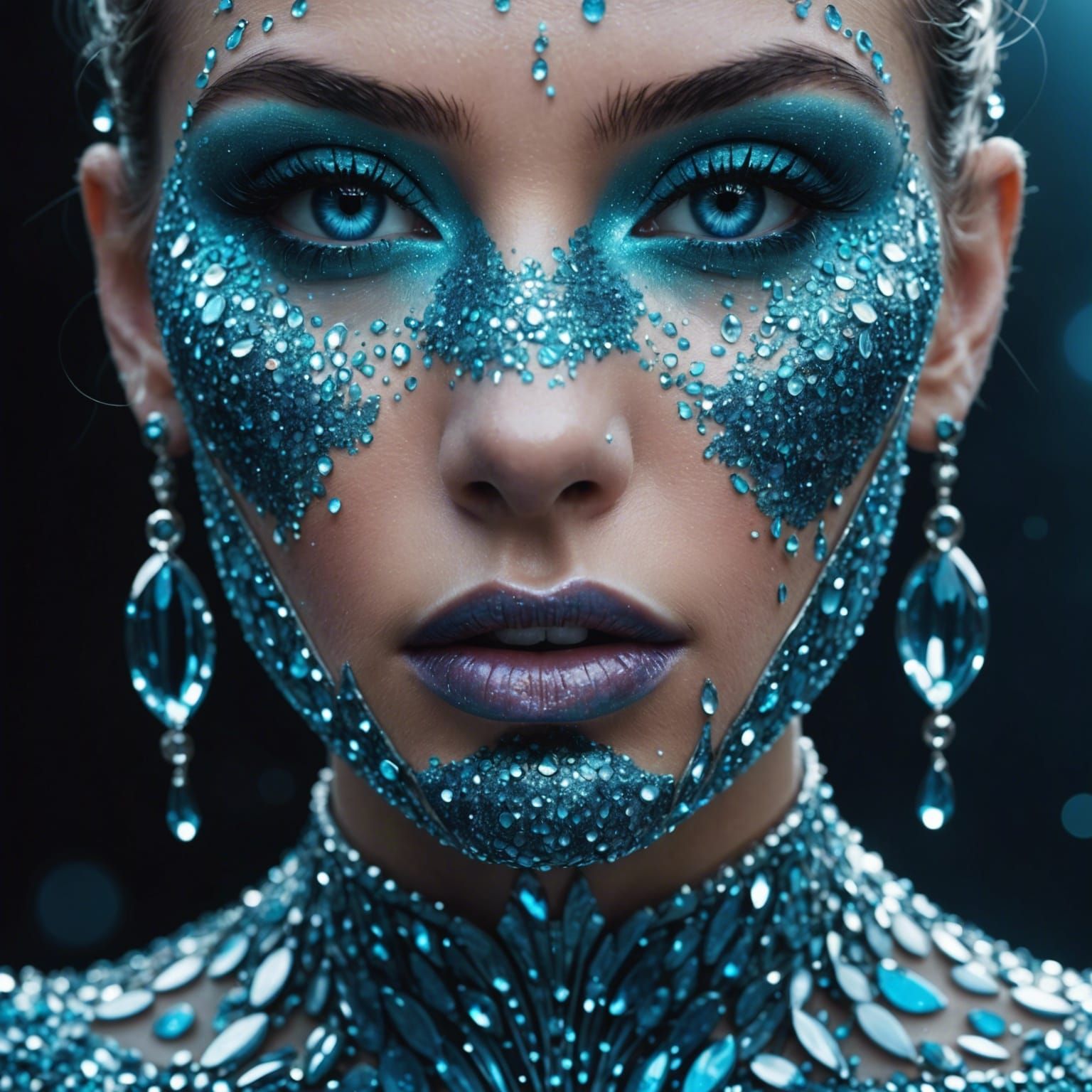 Glittering Lips with Aquamarine Jewels in Digital Art