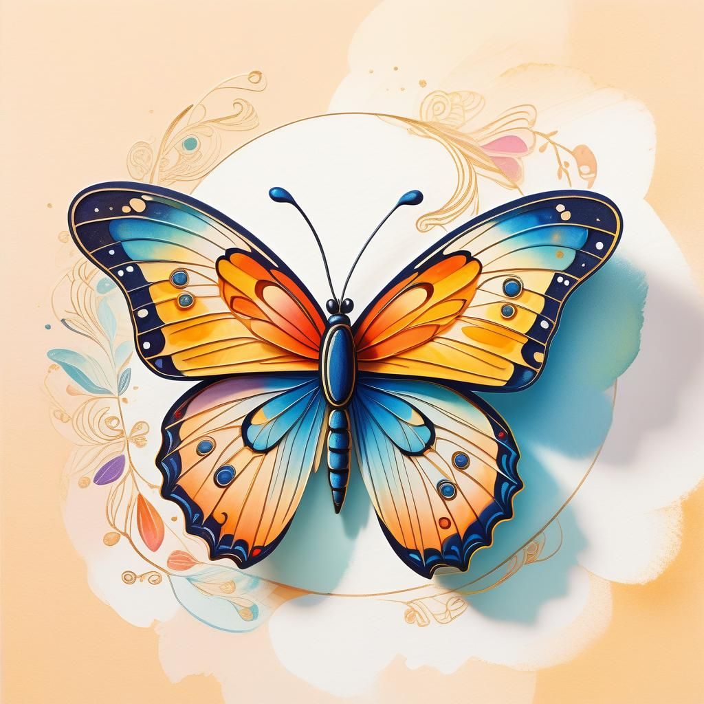 Colorful Butterfly Logo in Gouache with Pencil Sketch Textur...