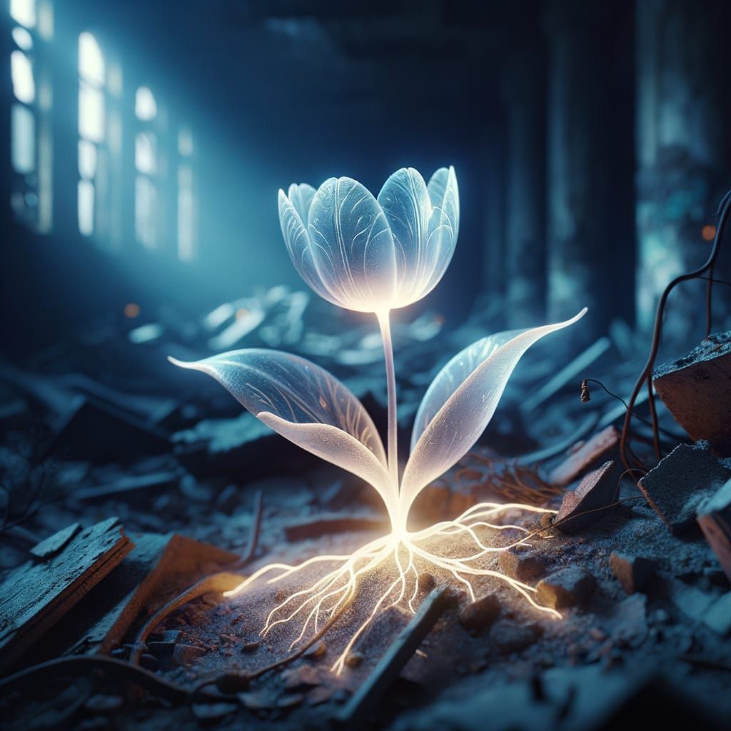 Bioluminescent Tulip Growing in Forgotten Ruins