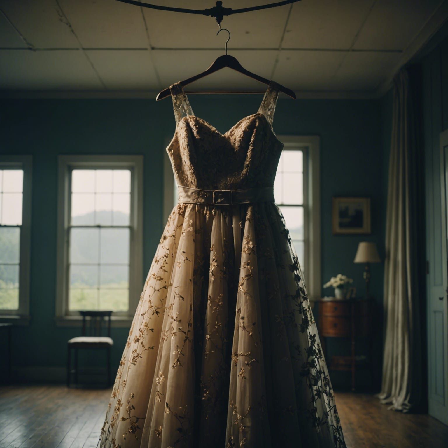 Romantic Dress on Hanger: Cinematic Film Still