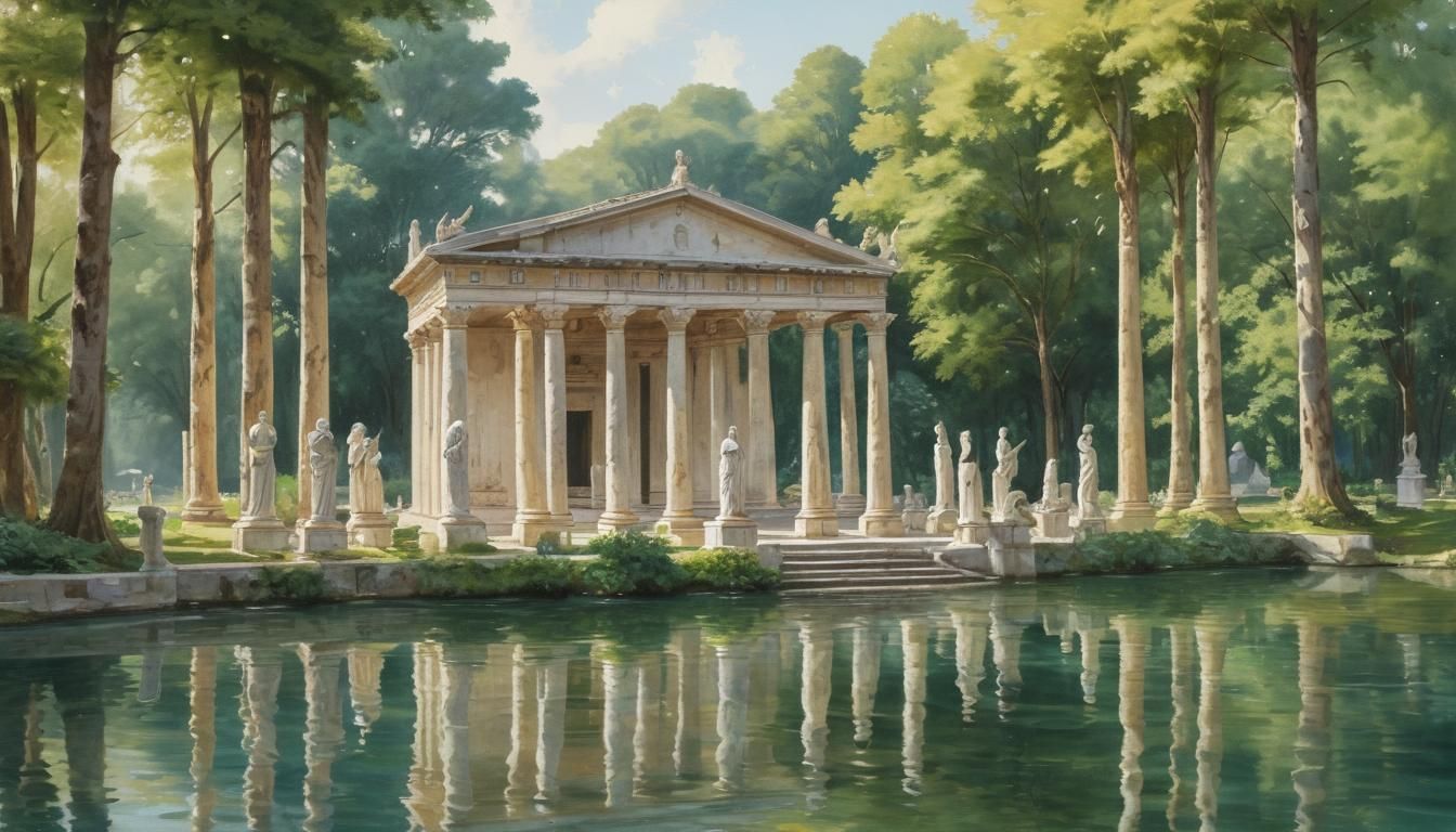 Serene Roman Temple on Lake in Watercolor Style