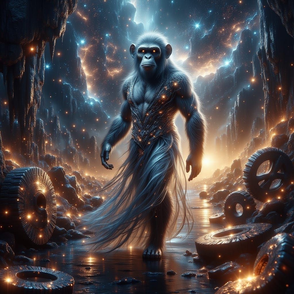 Supermodel Chimp Walks on Clock Gears in Stardust Hair