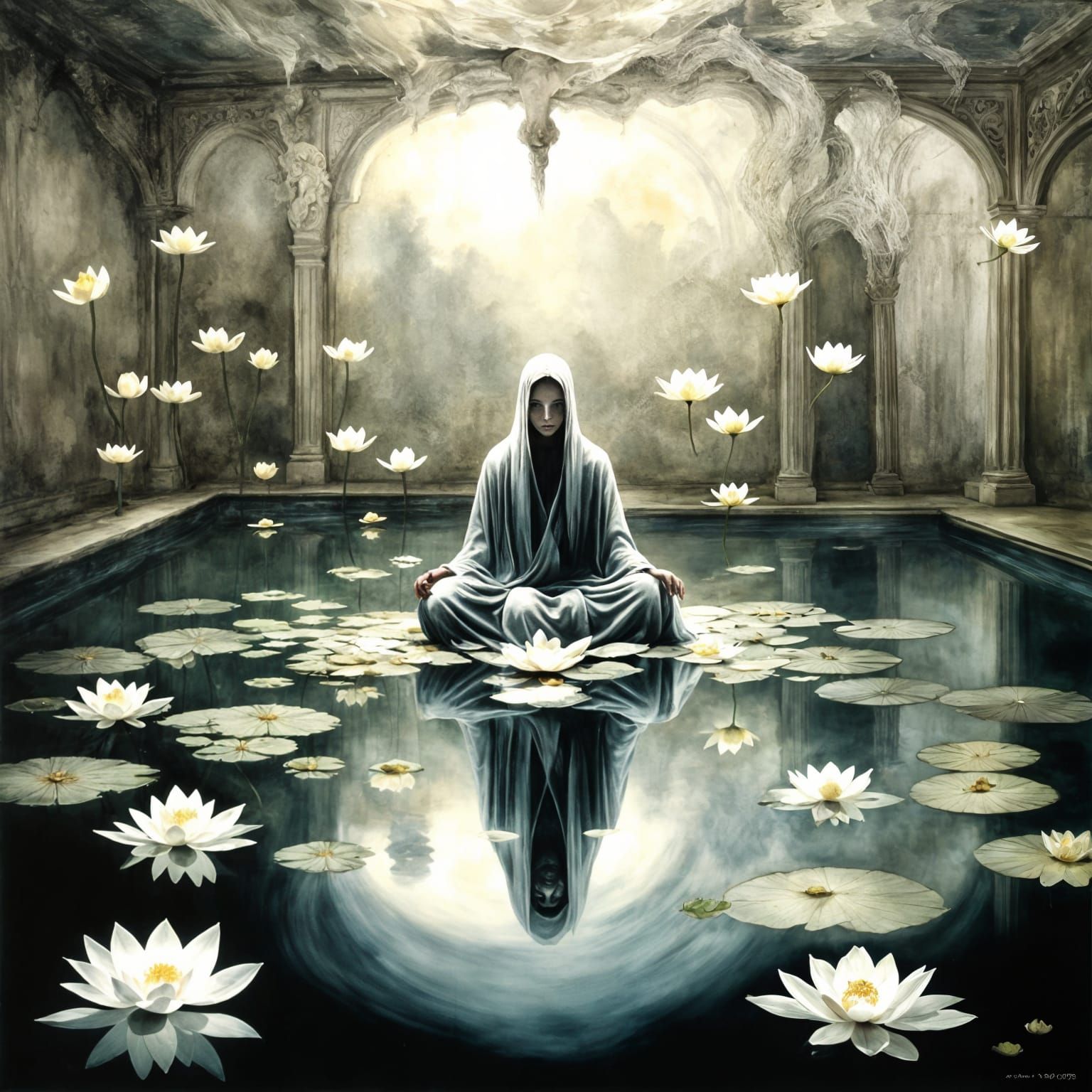 Lotus Meditation: Ethereal Dark Fantasy Artwork
