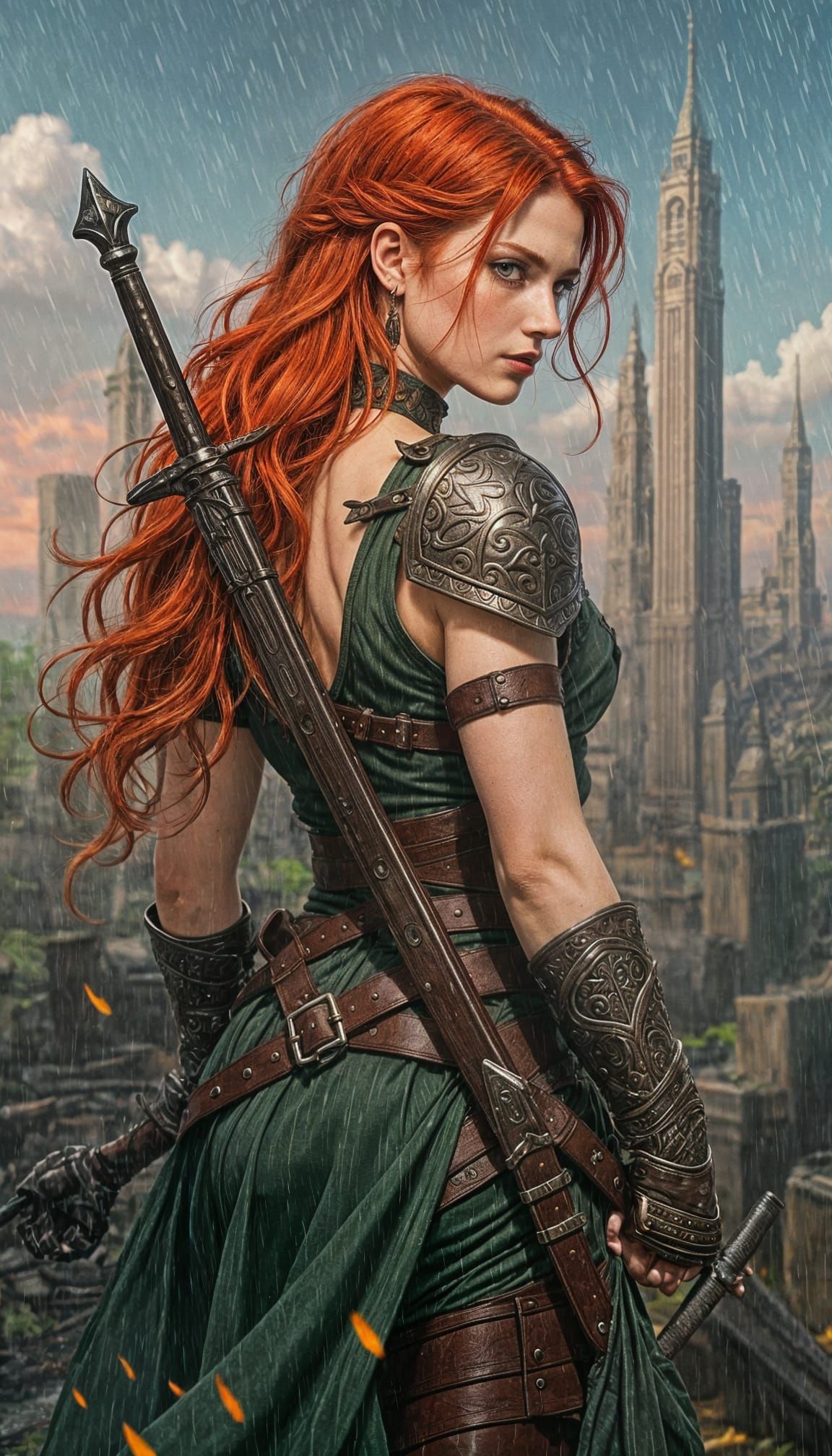 Red-Haired Warrior Woman in Rain, Facing Adventure