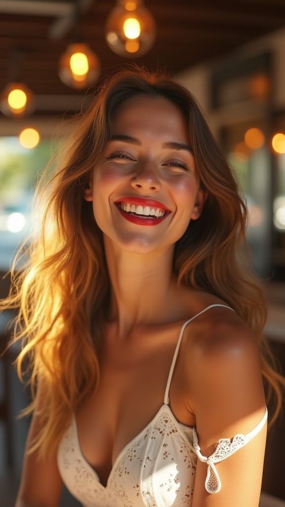 Radiant Woman in Cozy Cafe, Cinematic Realism