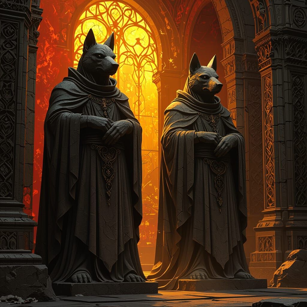 Canine Stone Guardians in Dark Fantasy Landscape
