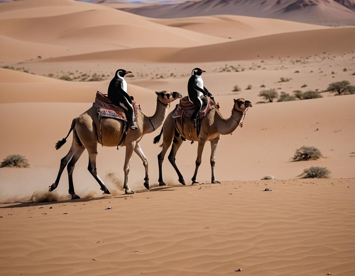 Penguins Riding Camels in the Desert