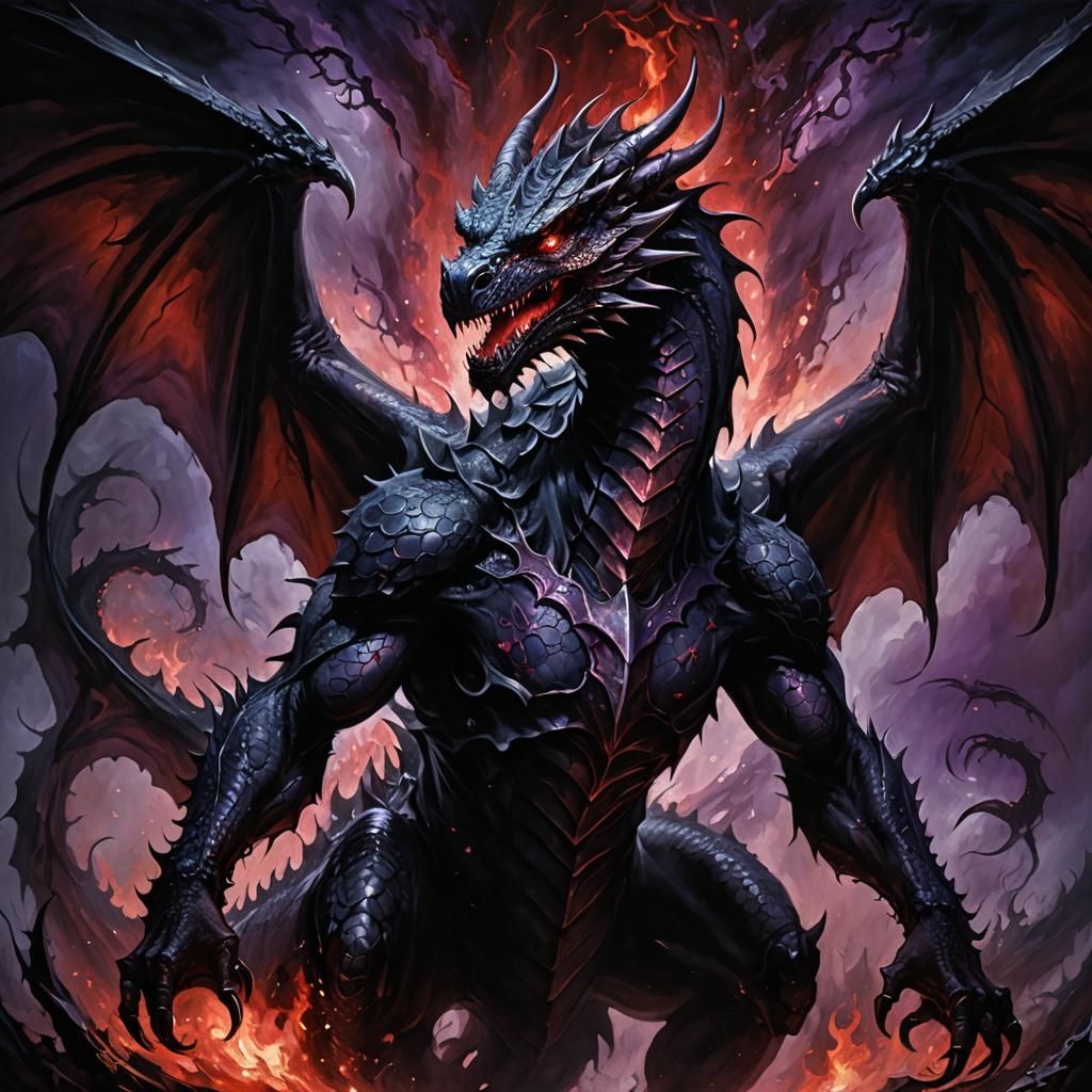 Dark Dragon Emerges from Shadows: Gothic Oil Painting