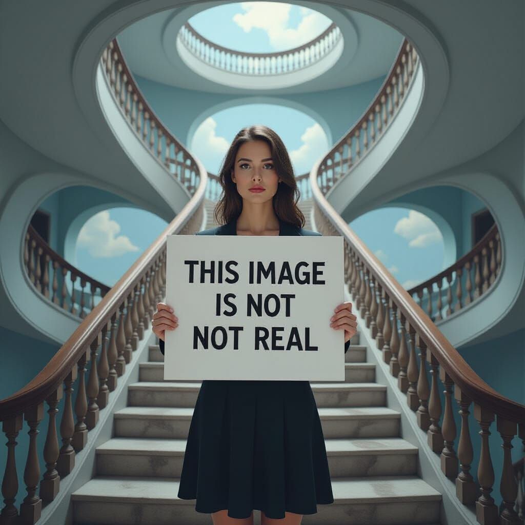Surreal Paradox: Woman in Impossible Escher Staircase