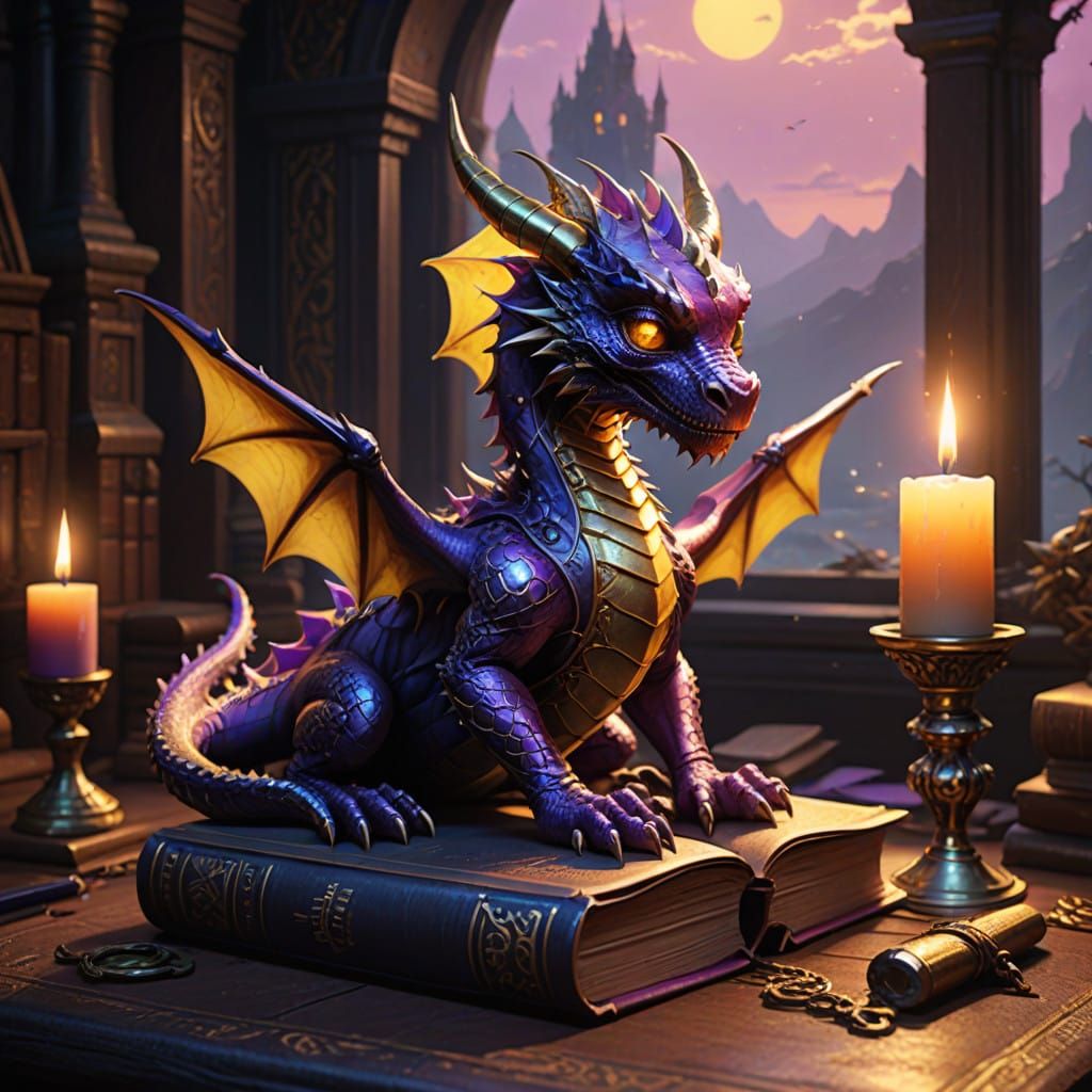 A cute iridescent purple and gold miniature baby dragon on old leather book with a skull on its cover, an old desk, a ca...