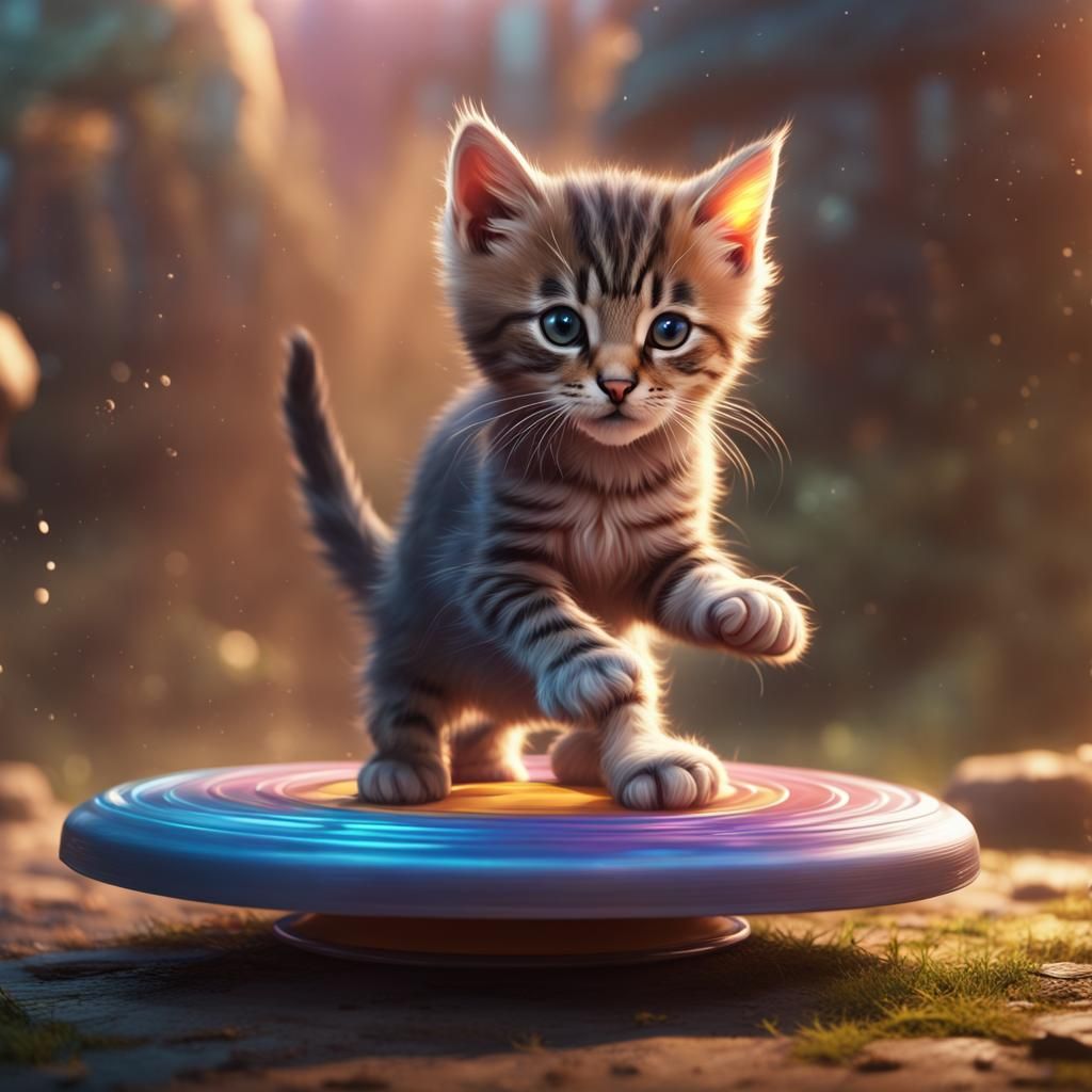 Kitten Rides Frisbee: Detailed Fantasy Concept Art