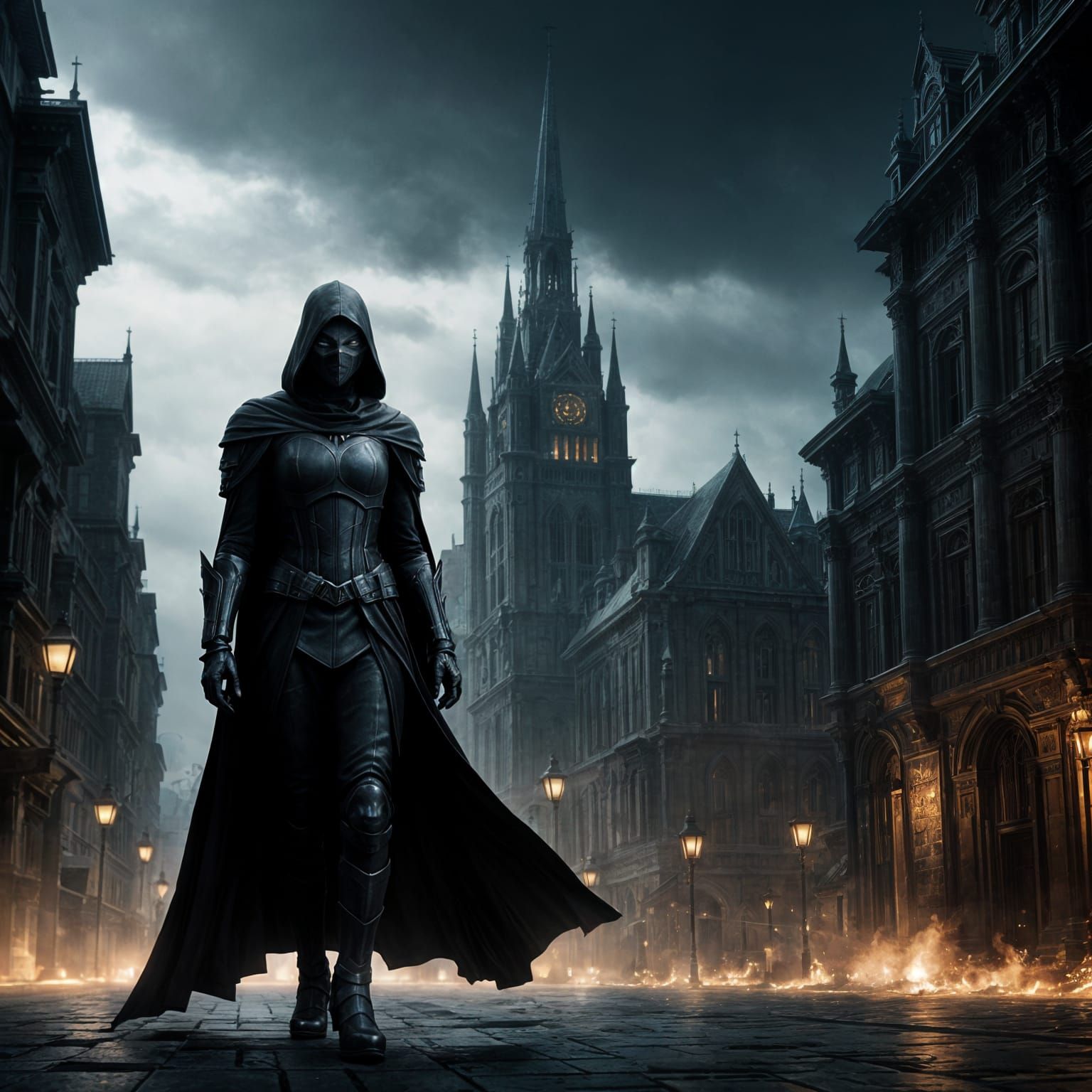 Shadow Assassin Emerges from Darkness in Sleek Black Armor