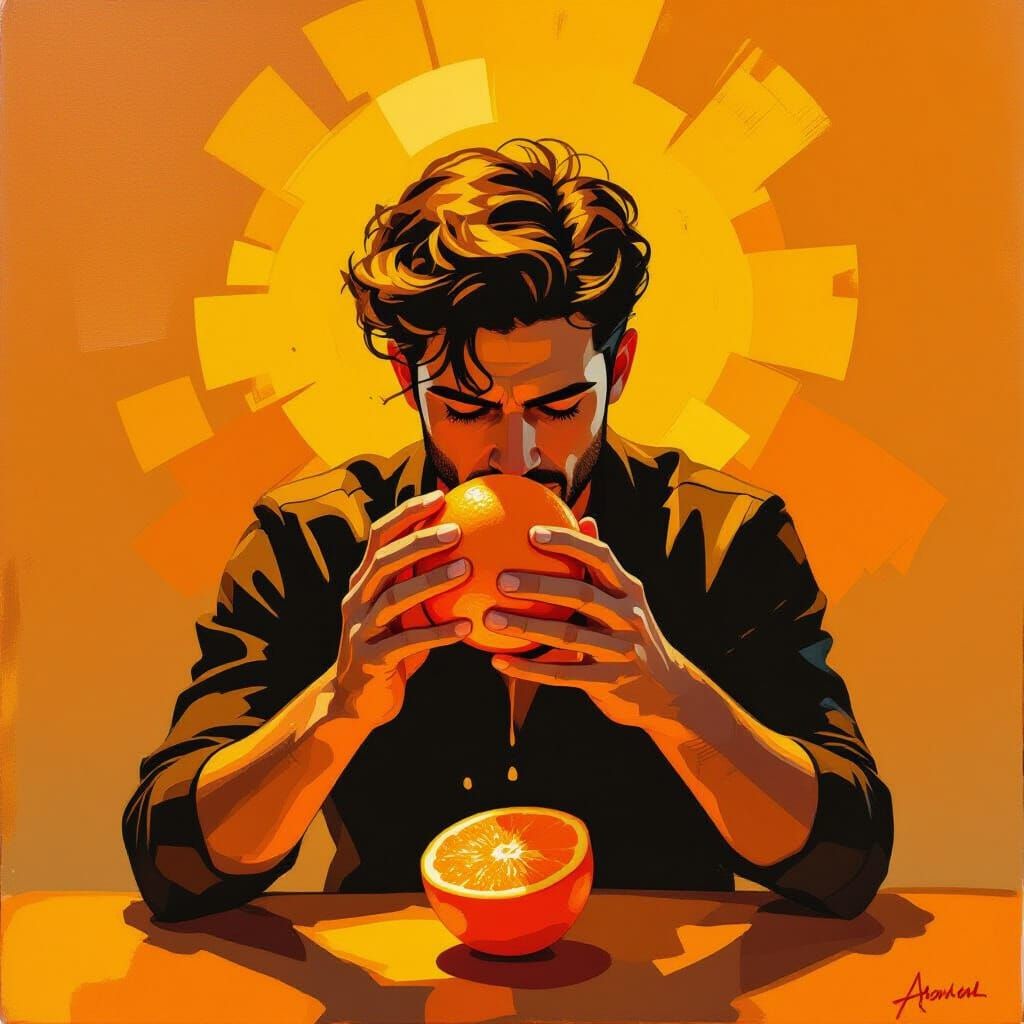 Squeezing Orange with Golden Light, Expressive Art