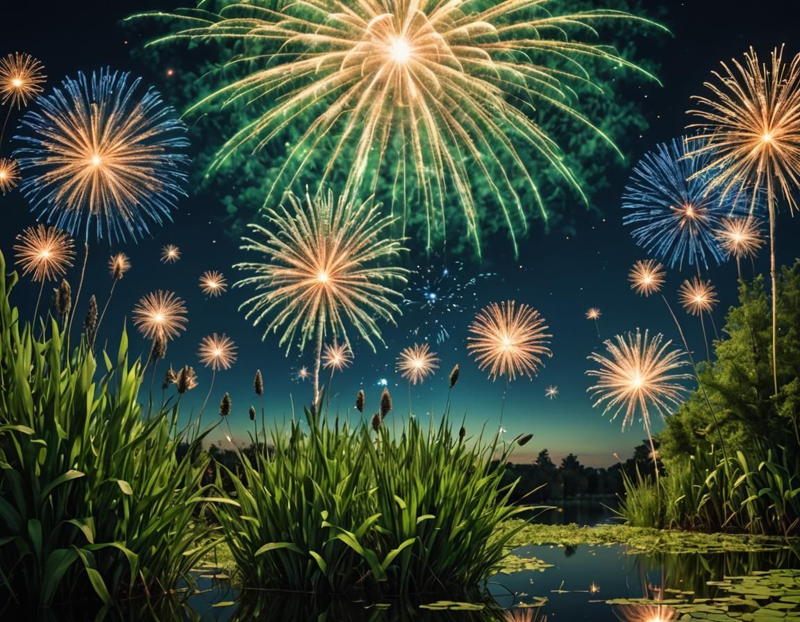 Aquatic Celebration with Fireworks in Hyperrealistic Style