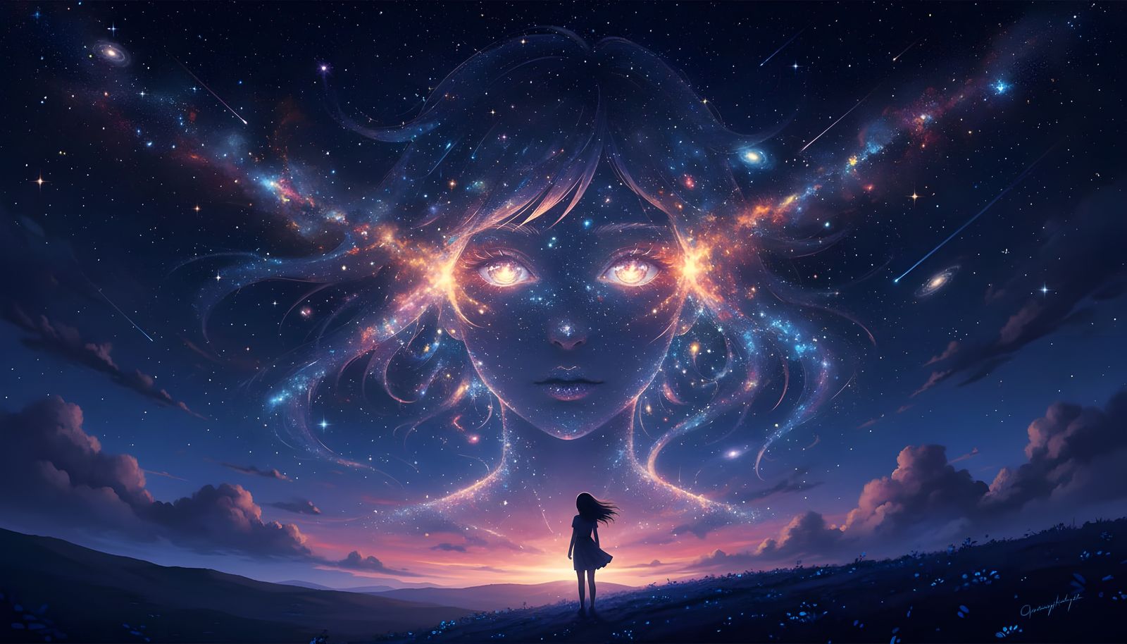 Starry Night Sky Forms Abstract Girl Face Portrait