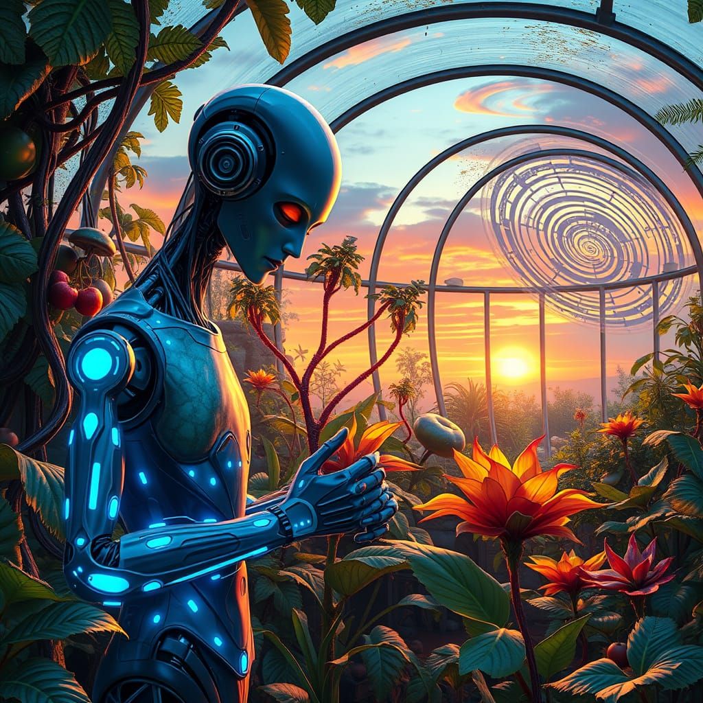 Serene Android Gardener in a Vibrant, Overgrown Intergalacti...