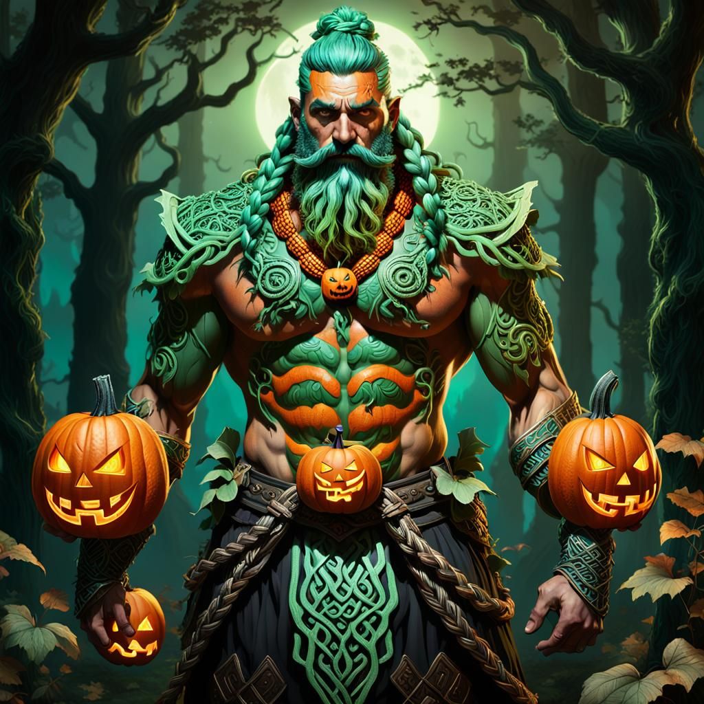 Ethereal Druid in Pumpkin Armor, Digital Art