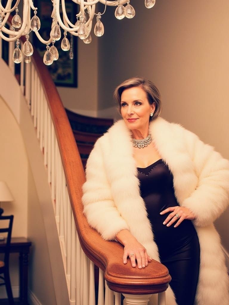 Glamorous Woman Poses on Curved Stairway in Classic Hollywoo...