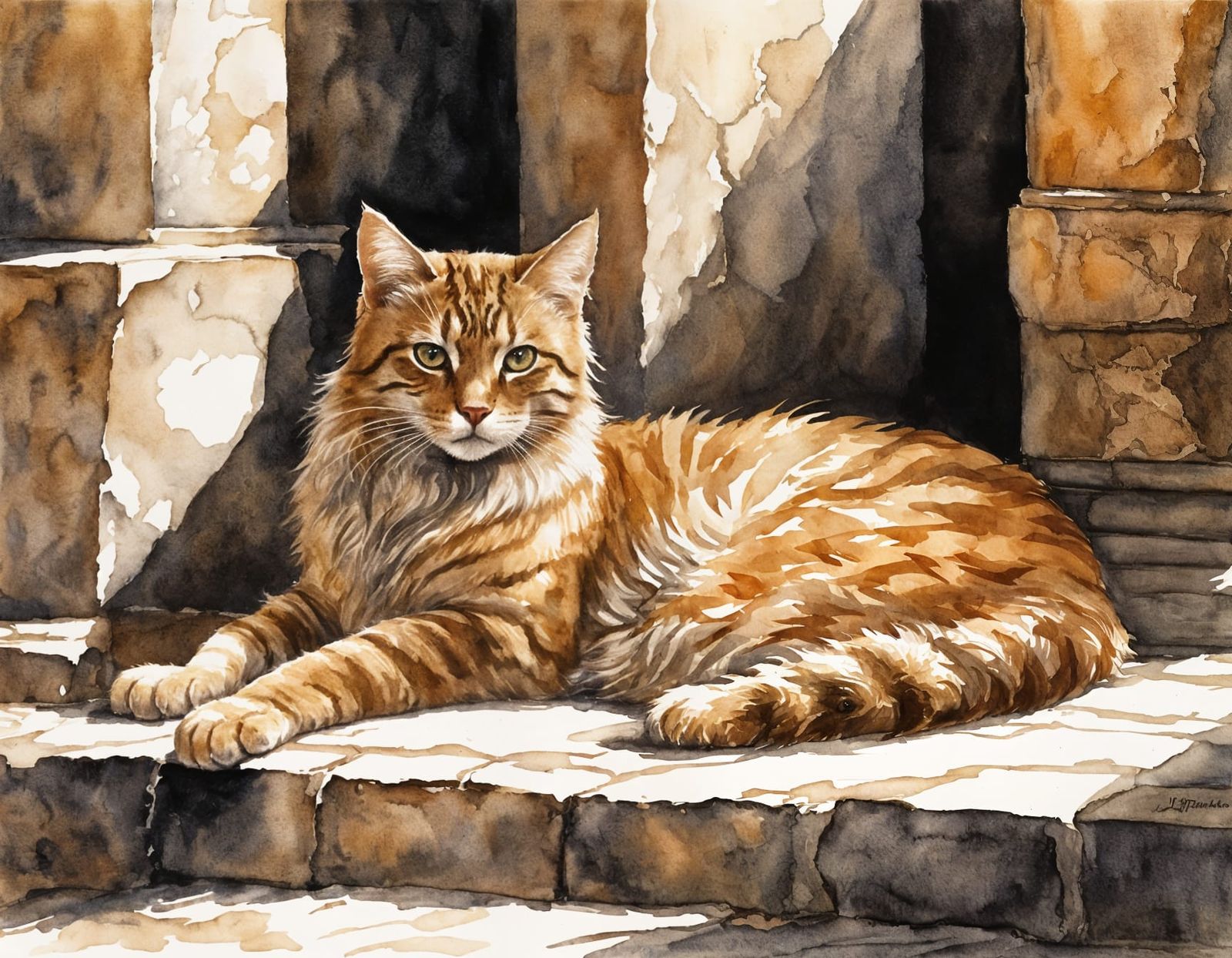 Ancient Roman Cat in Sunlit Atrium Watercolour