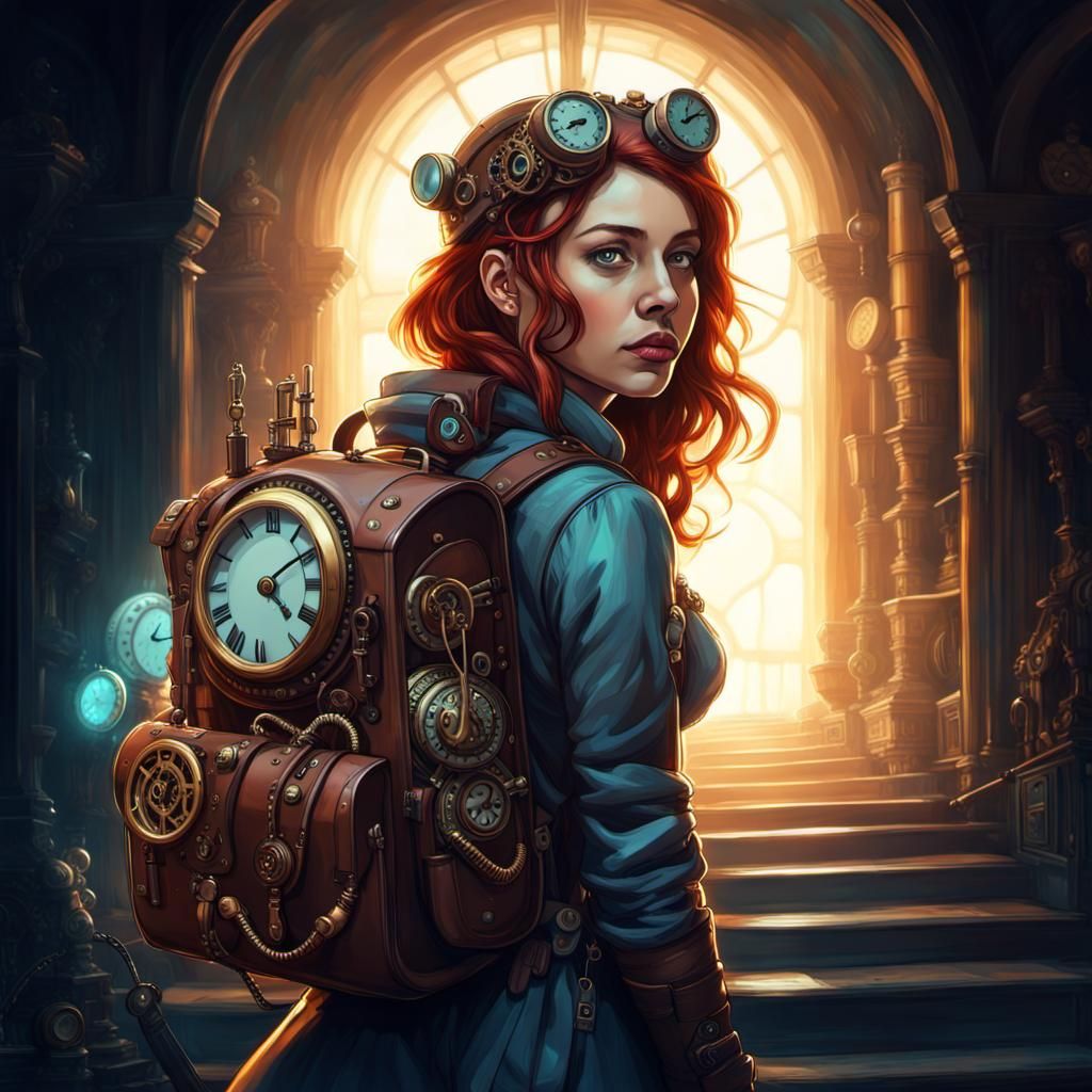 Steampunk Time Traveler with Clockwork Backpack