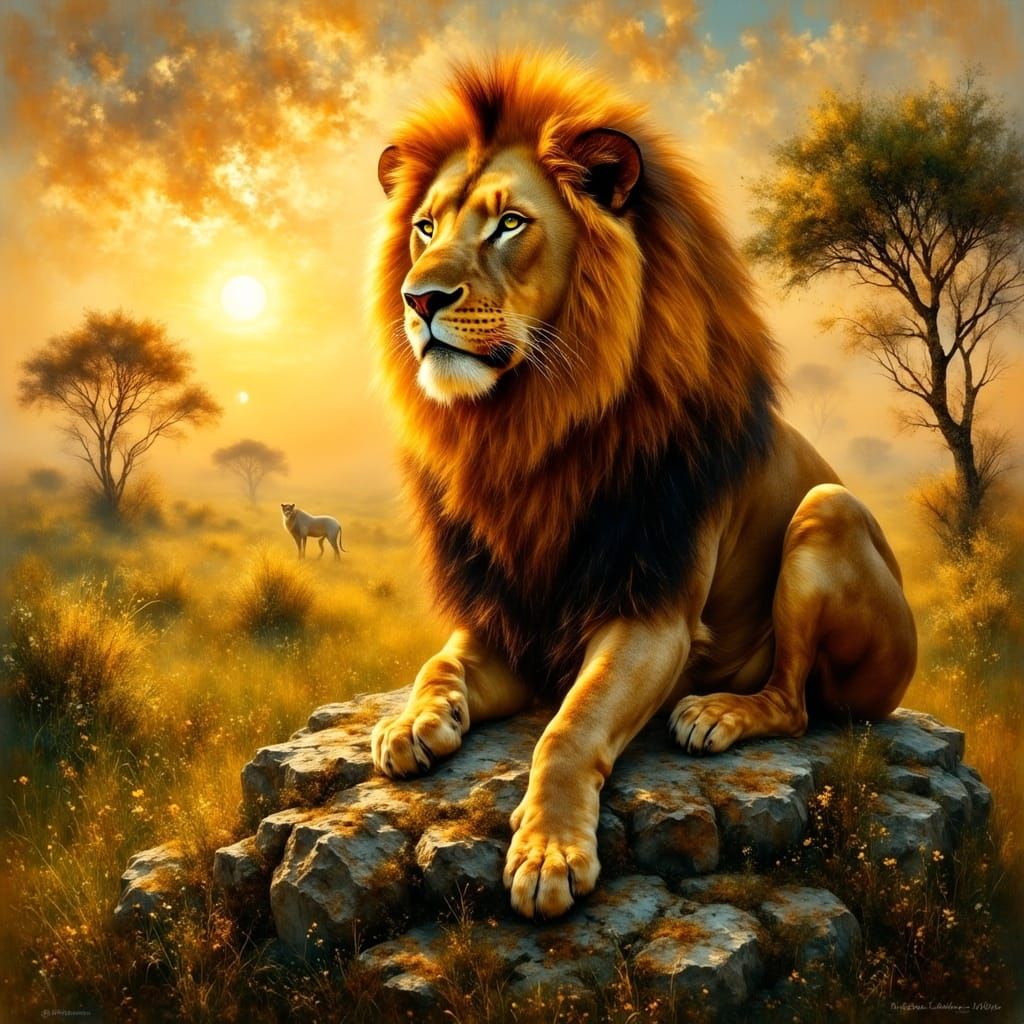 Regal Lion Dominates Savannah Sunset Landscape