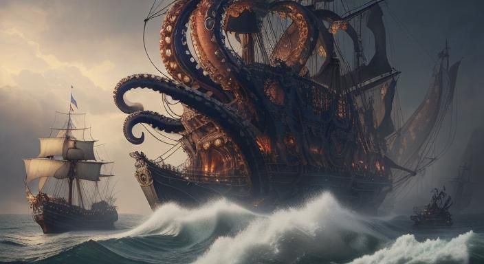 Kraken Attacks Harbor Cannons: Epic Digital Painting
