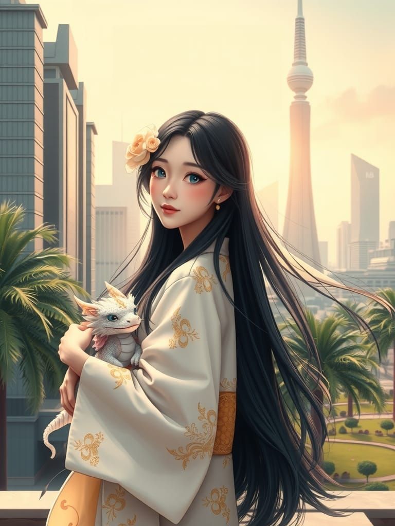 Anime Woman with Dragon in Futuristic Tokyo