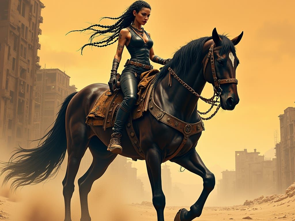 Warrior Woman and Her Armored Steed in a Post-Apocalyptic La...