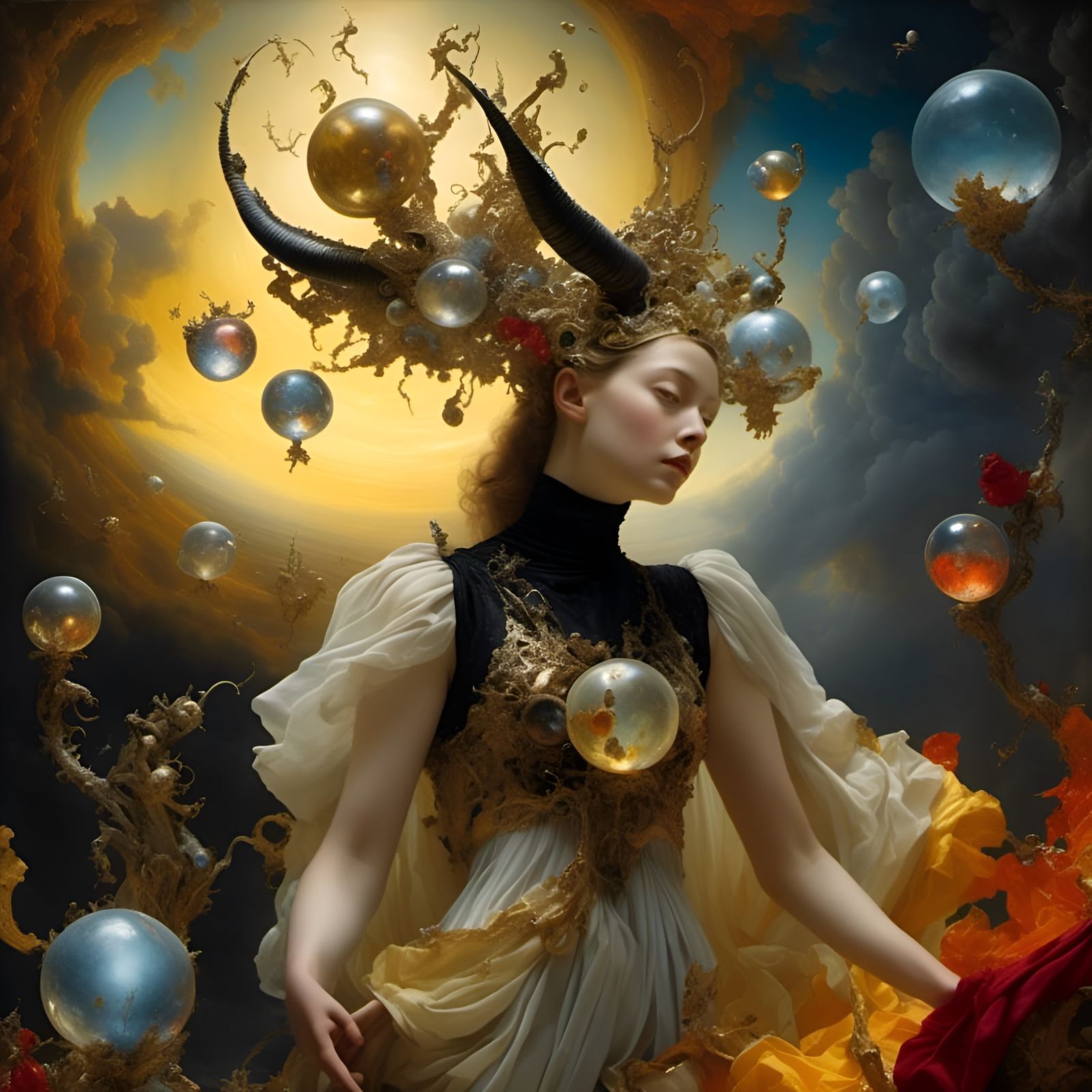 Surreal Woman with Crystal Ball and Android Vikings