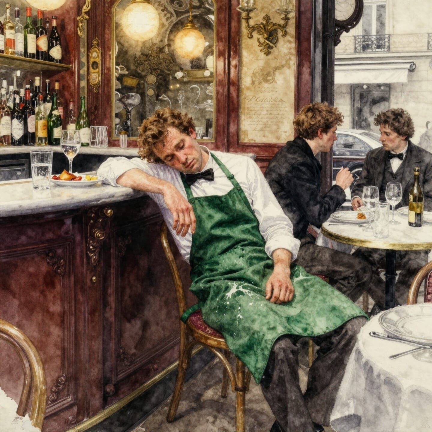 Exhausted Waiter in Parisian Art Nouveau Bistro, Watercolor