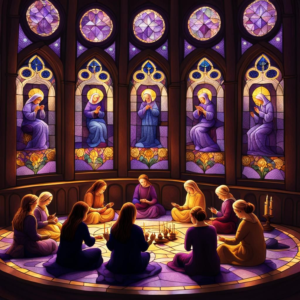 Women Knitting Circle in Church: Matte Painting