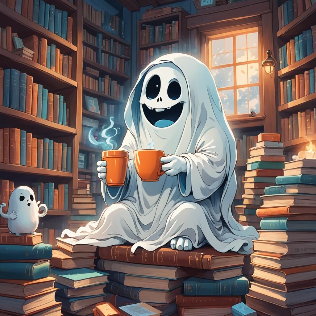 Cute Ghost with Coffee in Cozy Library