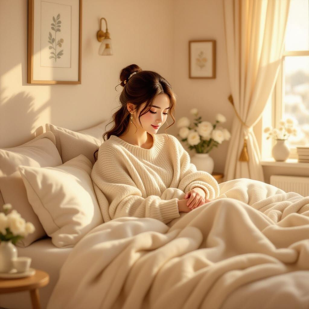 Cozy Bedroom with Serene Woman in Whimsical Style