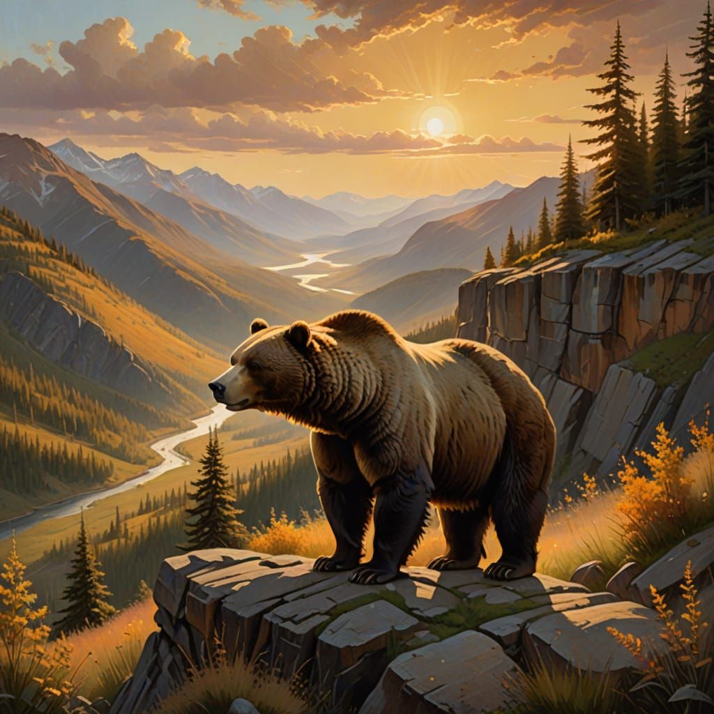 Majestic Grizzly Bear in a Serene Landscape