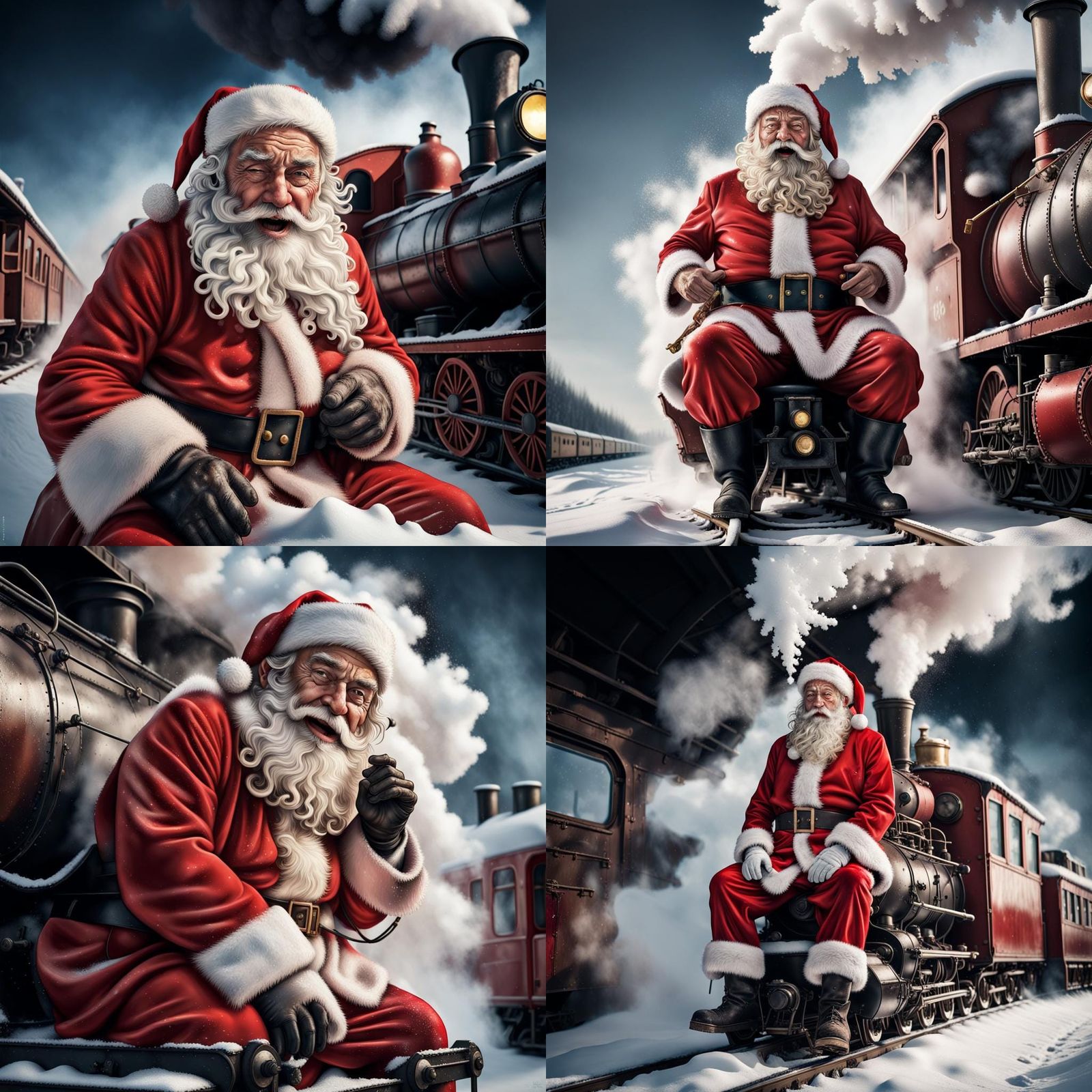 Santa Claus on Steam Train in Hyperrealistic Splash Art