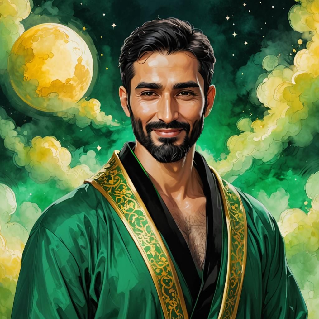 Joyful Saint in Green Velvet Bathrobe, Digital Art