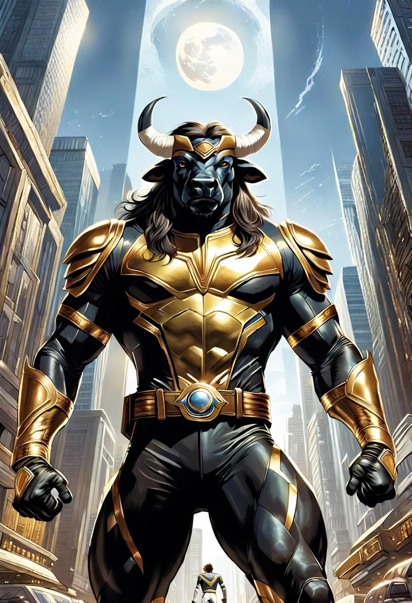 Gigantic Buffalo Superhero in Comic Book Art
