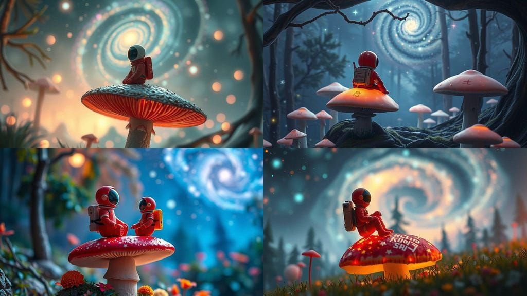 Whimsical Astronaut in Luminous Forest Landscape